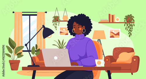 Woman working from home on laptop, cozy home office, remote work illustration.