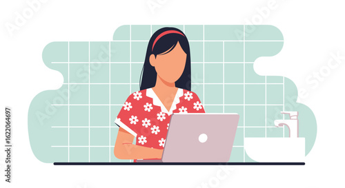 Woman working on laptop in bathroom, perfect for blog posts about work-life balance or remote work.