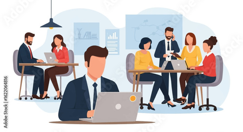 Diverse business team collaborating in a modern office, ideal for website banners or presentations.
