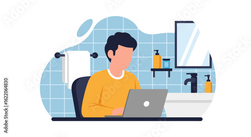 Man working on laptop in bathroom, illustration for remote work or flexible lifestyle articles.