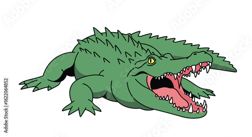 An animated green reptile with jagged teeth and an open jaw ready to bite