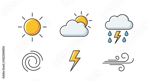 Visual representation of diverse weather phenomena including sun clouds rain lightning wind and tropical cyclones