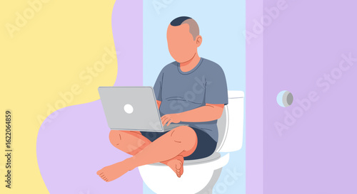 Person working on laptop while sitting on toilet, illustration for articles about work-life balance or modern work habits.