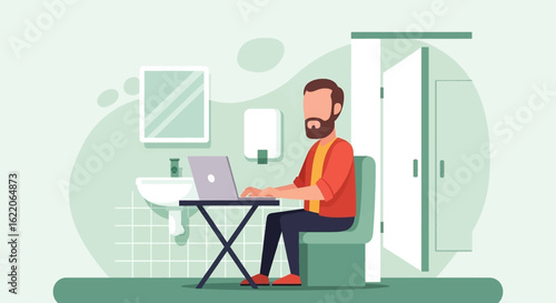 Man working on laptop in a public restroom.  Illustration for articles about remote work, unusual workspaces, or modern lifestyle.