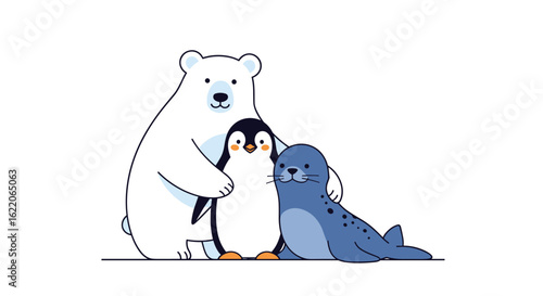 Adorable arctic friends polar bear penguin and seal embrace in a whimsical winter scene