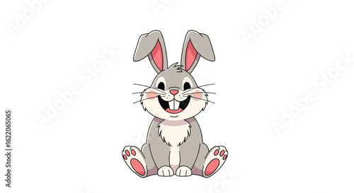Adorable fluffy grey rabbit sitting happily with big ears and a cheerful smile