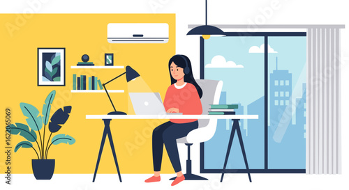 Woman working from home at her desk, perfect for illustrating remote work, work from home, or telecommuting.