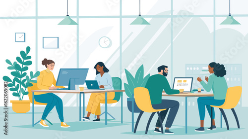 Diverse team collaborating in a modern office, perfect for illustrating teamwork and productivity in a brochure or website.