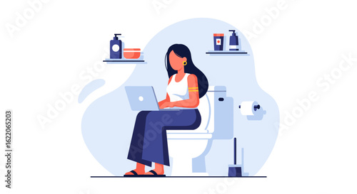 Woman working on laptop in bathroom, perfect for articles on work-life balance or remote work.