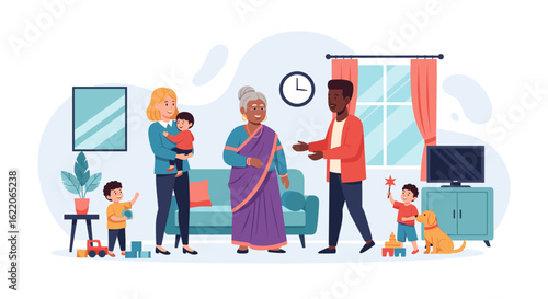 Multigenerational family gathering at home, perfect for illustrating family, togetherness, and diversity for websites, brochures, or social media.