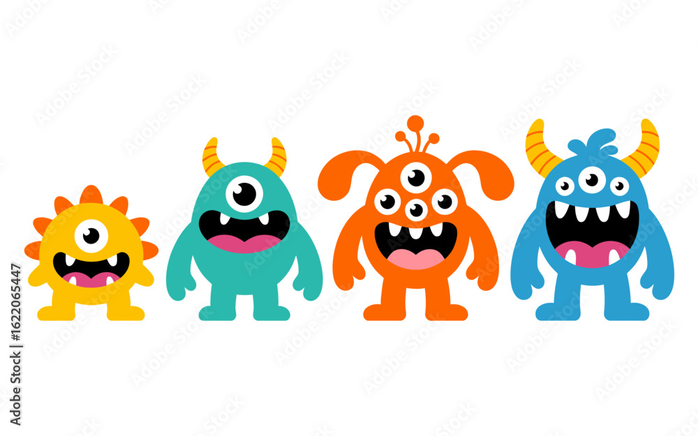 Naklejka premium Four colorful cartoon monsters standing together isolated on white background