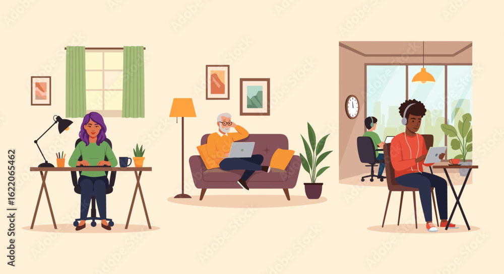 Fototapeta premium Diverse group of people working remotely from home and office, perfect for illustrating work-life balance or remote work concepts.