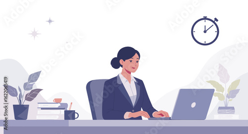 Businesswoman working on laptop, perfect for website banners or brochures about productivity and efficiency.
