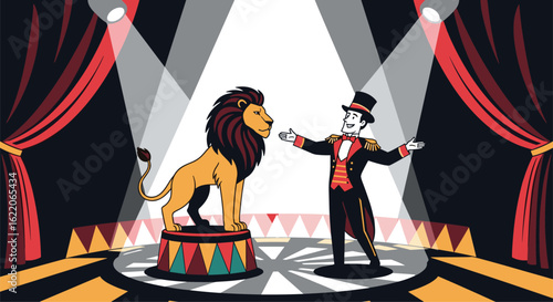 Experience the thrill of the big top where a majestic lion and a dapper ringmaster command the spotlight in a spectacle of courage and showmanship under the dazzling circus lights