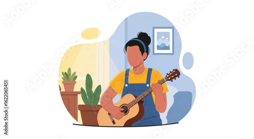 Young woman playing acoustic guitar at home, perfect for blogs, websites, or social media posts about music and hobbies.