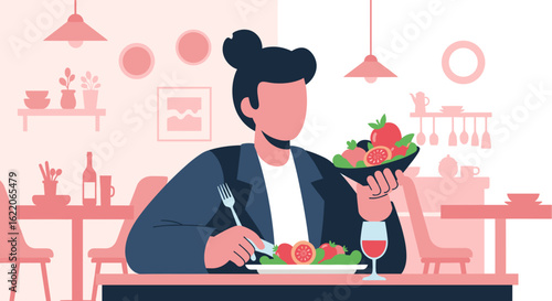 Person enjoying a healthy salad in a stylish restaurant, perfect for a food blog or healthy eating campaign.