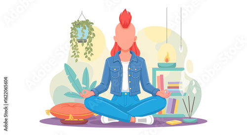 Young woman meditating in a cozy room, perfect for wellness websites or mindfulness articles.