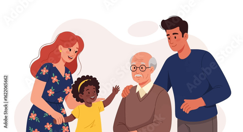 Happy multigenerational family illustration - perfect for websites, brochures, and family-themed projects.