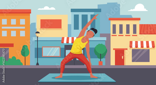 Woman doing yoga in the city, perfect for health and wellness websites or brochures.