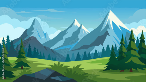 Nestled a rugged peaks a serene mountain glade offers a lush carpet of grass and a canopy of towering pines.