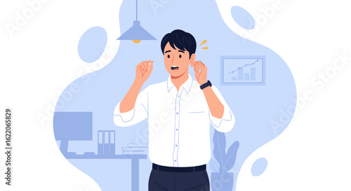 Surprised businessman holding a pill, perfect for illustrating stress, health, or work-life balance articles.