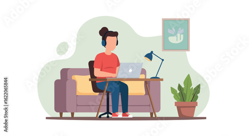 Person working from home on laptop, perfect for remote work, freelance, and work-life balance concepts.