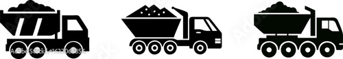 Three black silhouette icons of dump trucks, each loaded with different materials, illustrating heavy-duty transportation in construction or logistics.