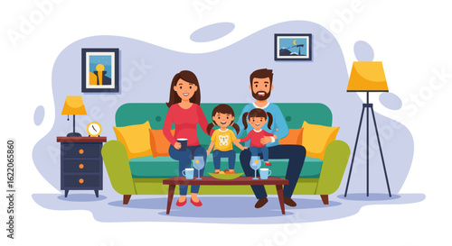Happy family relaxing on a couch at home, perfect for family blogs, websites, and brochures.