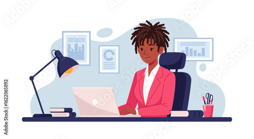 Young Black businesswoman working on laptop in her office, perfect for website banners or business brochures.