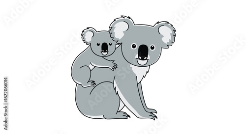 Adorable mother koala carrying her joey on her back enjoying a sunny day in the eucalyptus forest