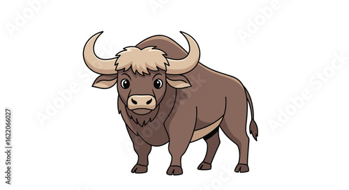 A majestic domesticated water buffalo standing proudly in a field of green grass under a clear blue sky