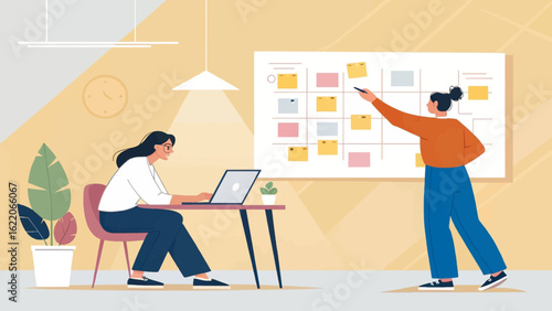 Two businesswomen collaborating on a project, using a Kanban board and laptop. Perfect for website banners, presentations, and marketing materials.