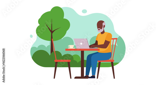 Senior man working on laptop outdoors. Perfect for websites, blogs, and articles about retirement, technology, and outdoor work.