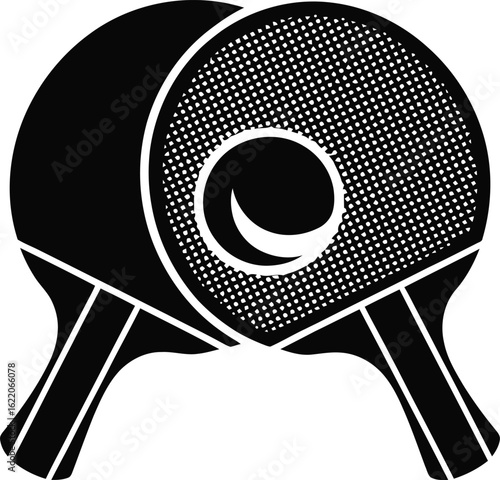 Two black ping pong paddles and ball graphic design
