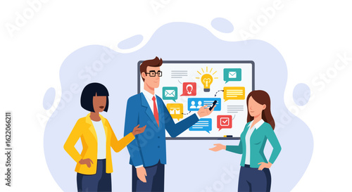 Diverse business team brainstorming ideas on a whiteboard, perfect for presentations about teamwork and innovation.