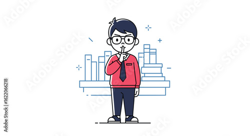 A young boy wearing glasses and a red shirt signals for silence in a library setting with stacks of books behind him illustration