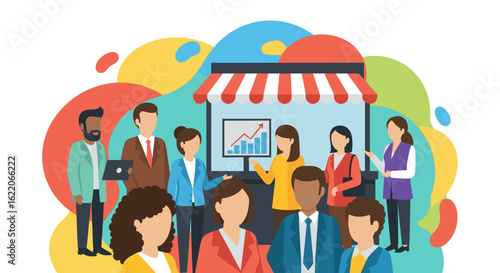 Diverse business team collaborating and presenting data, ideal for website banners or marketing materials.