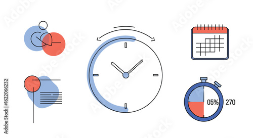 Visual collection of icons representing time management planning scheduling and productivity tools for business operations
