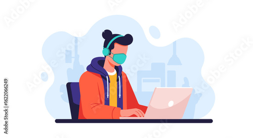 Person wearing a mask working from home on laptop, ideal for articles about remote work or online safety.