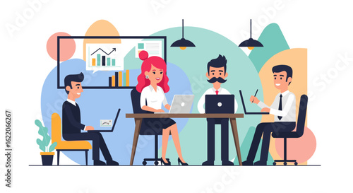 Happy business team collaborating on a project, perfect for website banners or marketing materials.