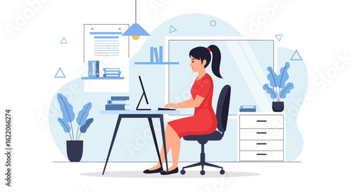 Woman working on computer in modern office, perfect for website banners or business presentations.