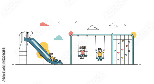A delightful animated scene showcasing children enjoying various playground activities like sliding and swinging promoting outdoor fun and active play