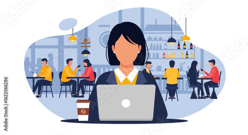 Woman working on laptop in a busy cafe, perfect for website banners or marketing materials.