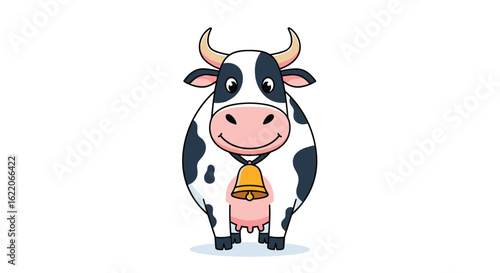 A charming cartoon cow with a big bell around its neck standing proudly on a white background ready for fun farm activities