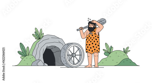 A primitive hunter marvels at the invention of the wheel near his cave dwelling