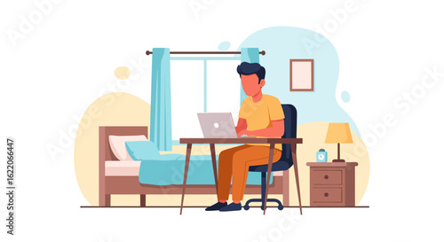 Man working from home on laptop in bedroom, ideal for remote work, work from home, or freelance lifestyle blogs and websites.