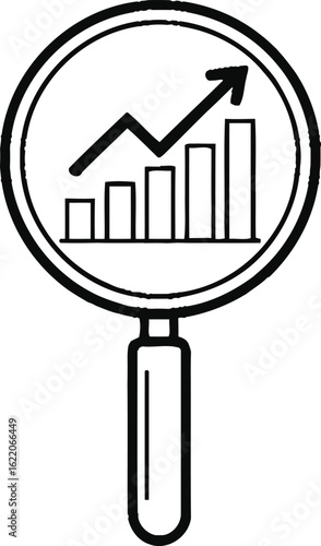 Magnifying glass over a rising bar graph and arrow indicating growth
