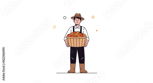 A cheerful farmer proudly displays a basket overflowing with freshly harvested fruits and vegetables