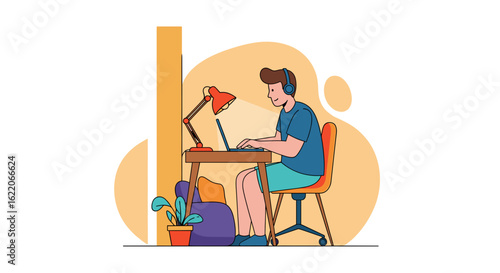 Young man working from home on laptop, wearing headphones. Illustration perfect for blogs, websites, or articles about remote work.