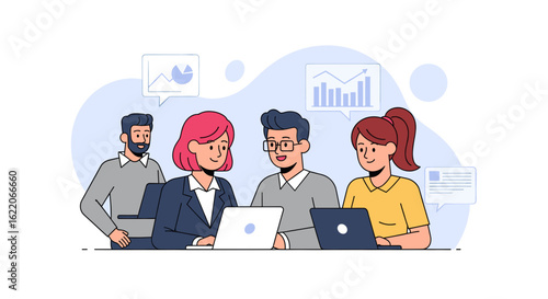 Teamwork, collaboration, data analysis: Illustration for websites and presentations.